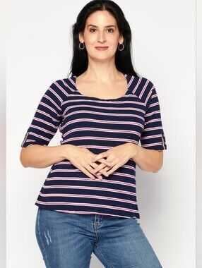 Anne Klein Navy Pink & White Striped Scoop Neck Top